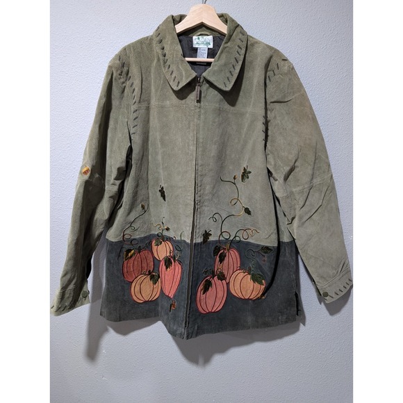 The Quacker Factory Green Leather Suede Fall Pumpkin Zip‎ Jacket XL - Picture 1 of 8